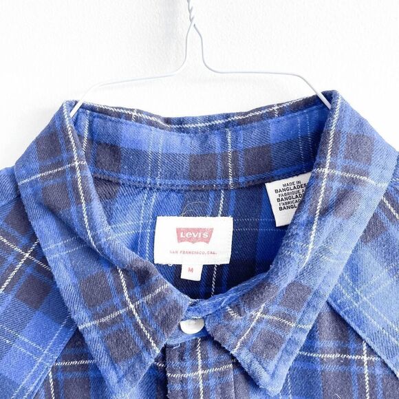 Levi's Mens Tartan Plaid Flannel Pearl Snap Button Western Shirt Blue Medium - Picture 4 of 8